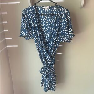 Blue and White Wrap Flutter Sleeve Midi Dress